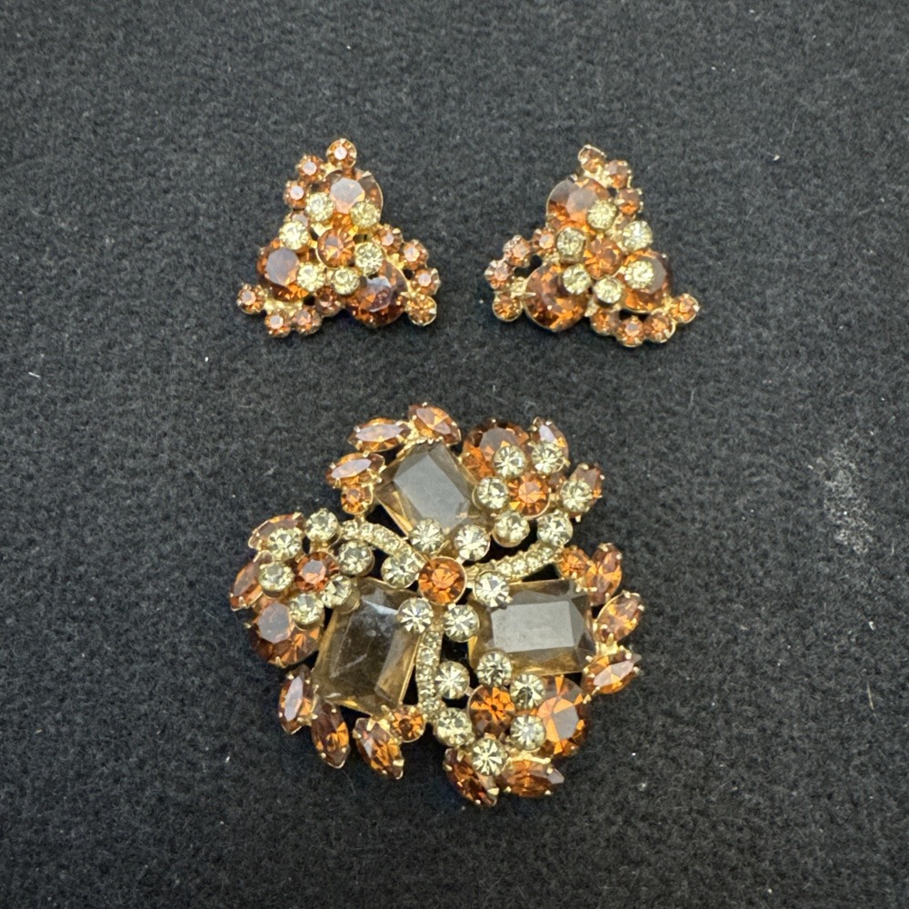 juliana delizza elster Large Brooch Earrings Set 3D Faux Citrine Rhinestones Ver